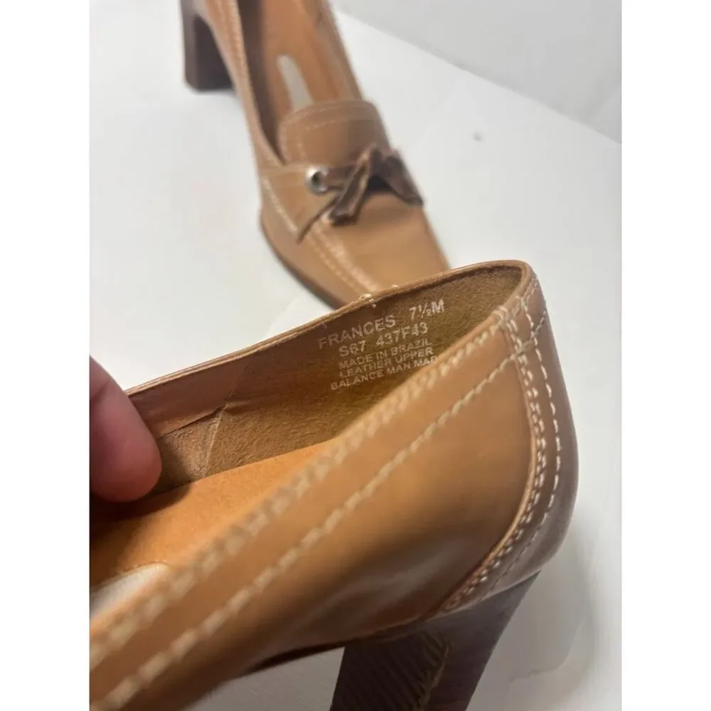 Naturalizer Kitten Heels 7.5 Brown Tan Square Toe Loafer Bow Leather 90s Y2K